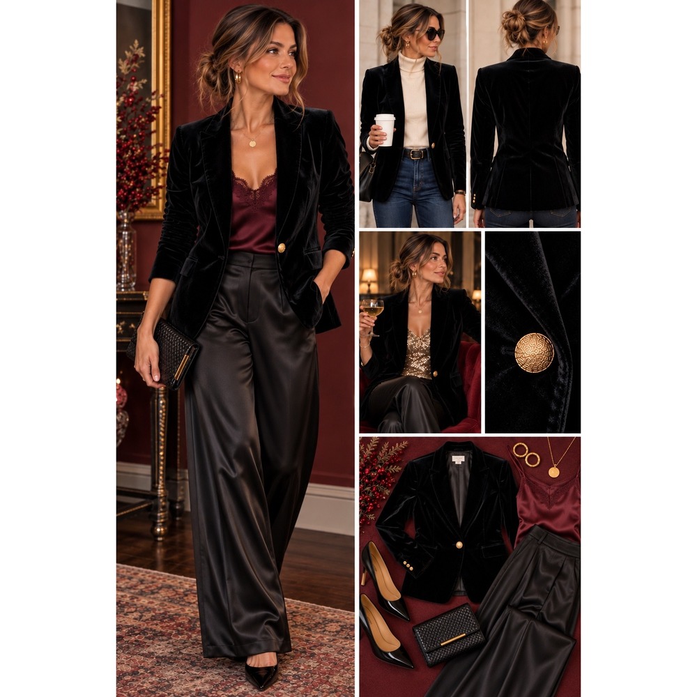 J.Crew Blazer Black Velvet Gold Button Formal Chic Size 6